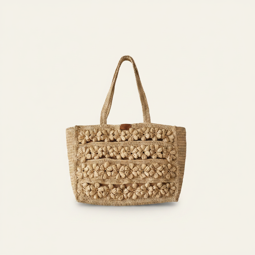 Sac ROSEA – Cabas en Raphia Naturel Fleuri Fait Main | Mahay Paris